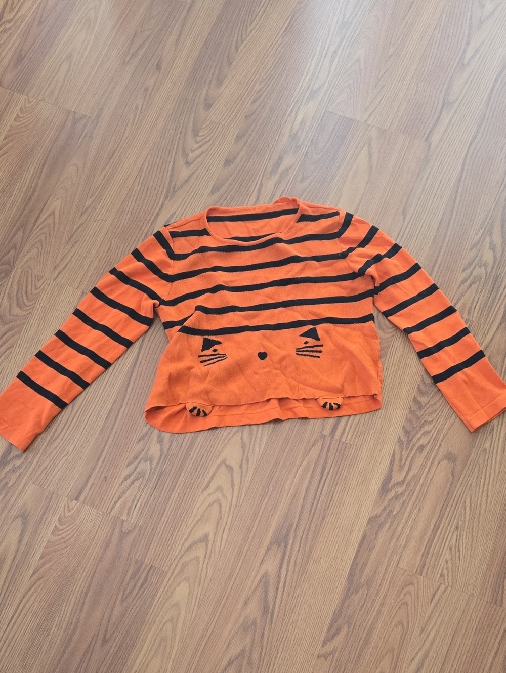 Orange & Black Striped Long-Sleeve Crop Top With Cute Cat